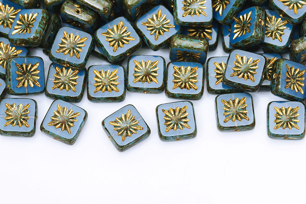 Squared Kiwi 10×10mm Opal Blue Travertin With Gold 1-Hole Czech Beads