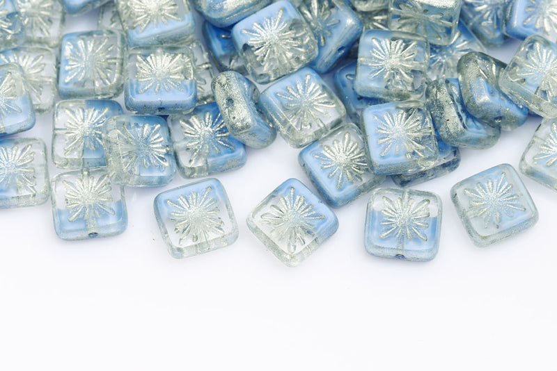 Squared Kiwi 10×10mm Crystal Blue Mixed With Silver 1-Hole Czech Beads