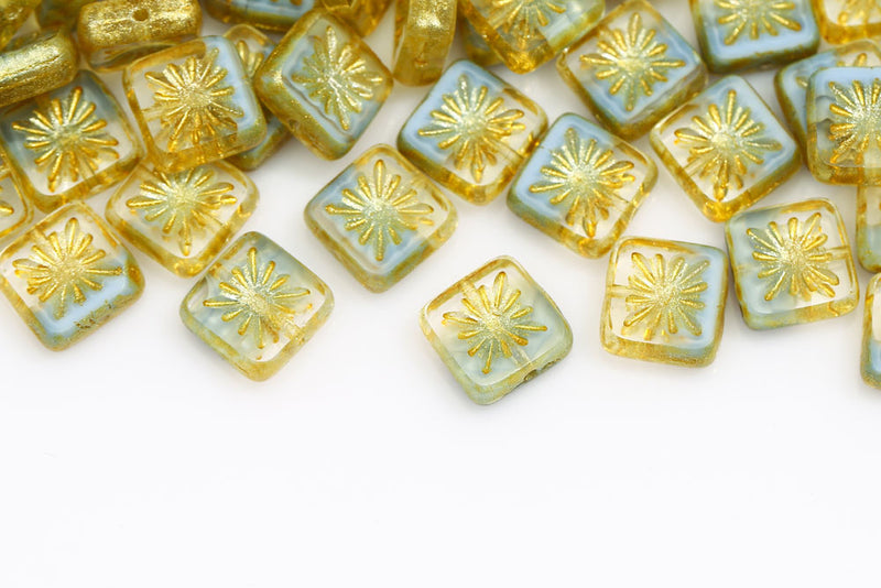 Squared Kiwi 10×10mm Crystal Blue Mixed With Yellow 1-Hole Czech Beads