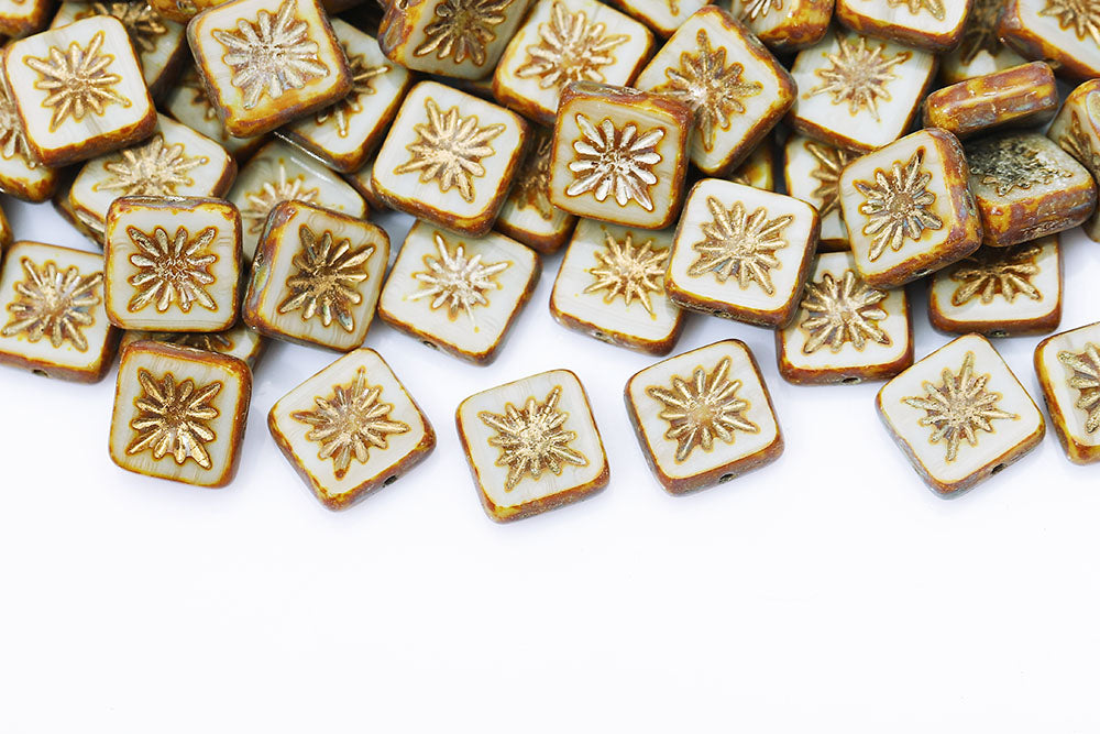 Squared Kiwi 10×10mm Gray Travertine With Gold 1-Hole Czech Beads