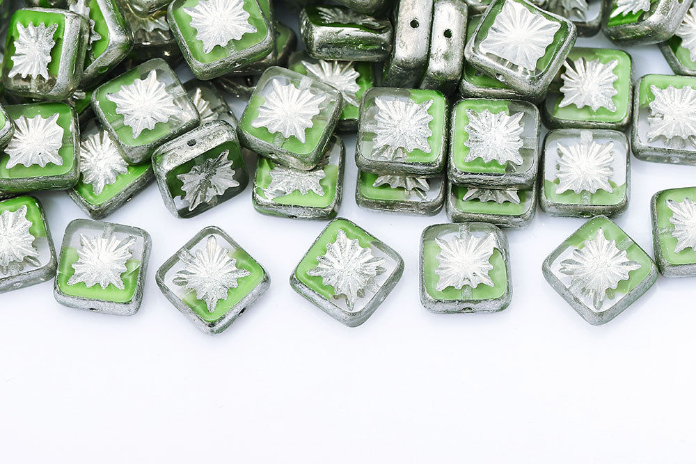 Squared Kiwi 10×10mm Crystal Green Mixed Labrador 1-Hole Czech Beads