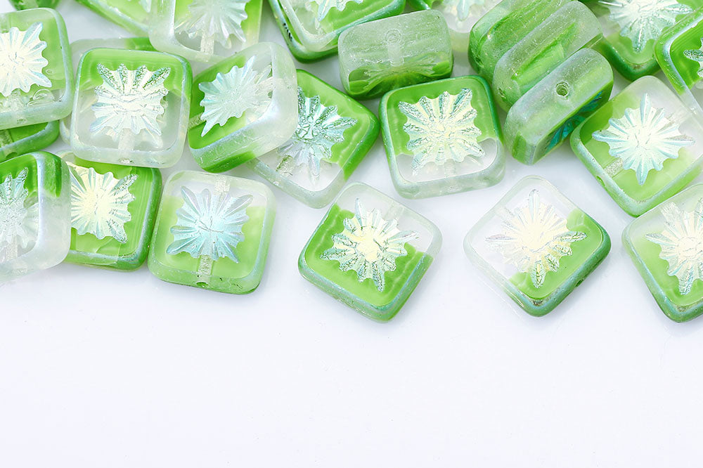 Squared Kiwi 10×10mm Crystal Green Mixed AB Full 1-Hole Czech Beads