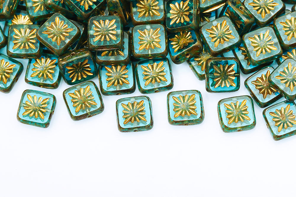 Squared Kiwi 10×10mm Aqua Travertin With Gold 1-Hole Czech Beads