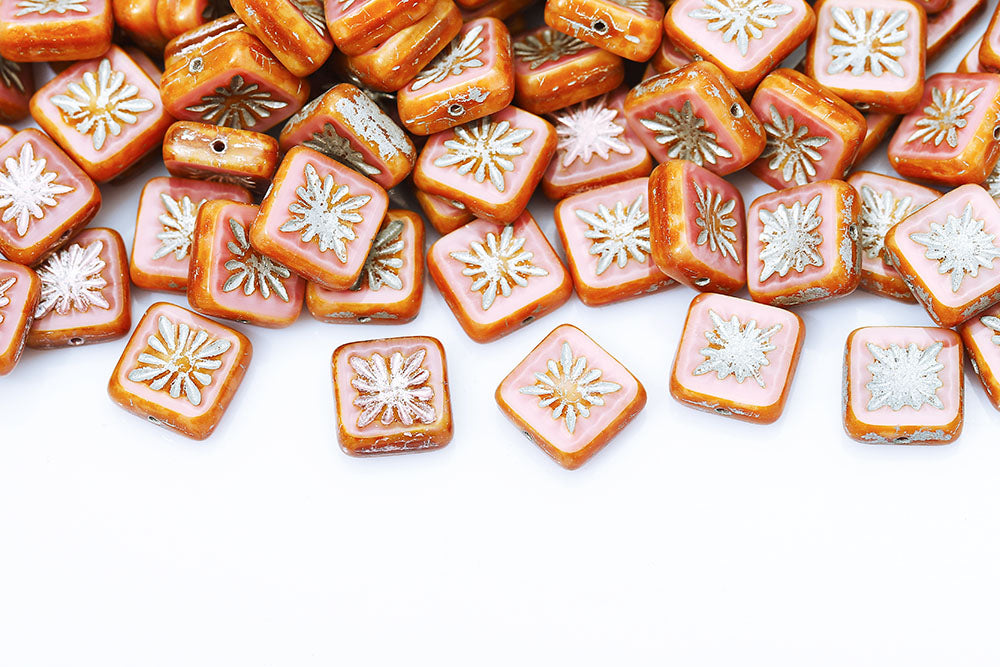 Squared Kiwi 10×10mm Peach Travertin With Silver 1-Hole Czech Beads