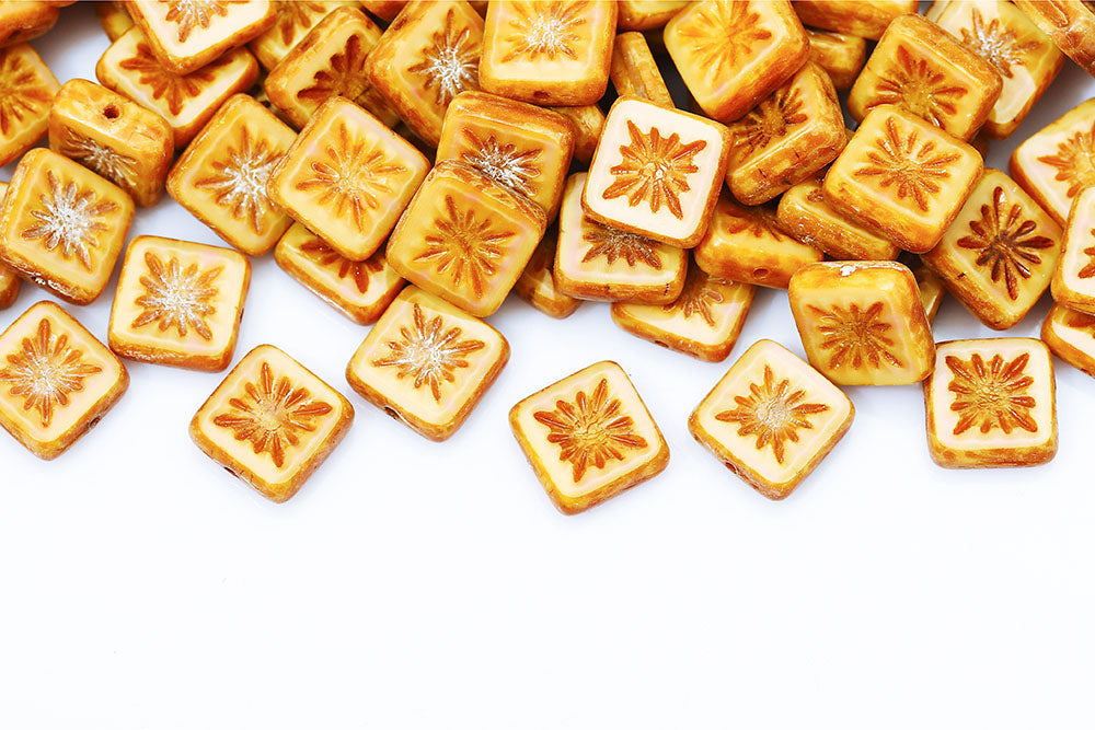 Squared Kiwi 10×10mm Yellow Peach Travertin 1-Hole Czech Beads