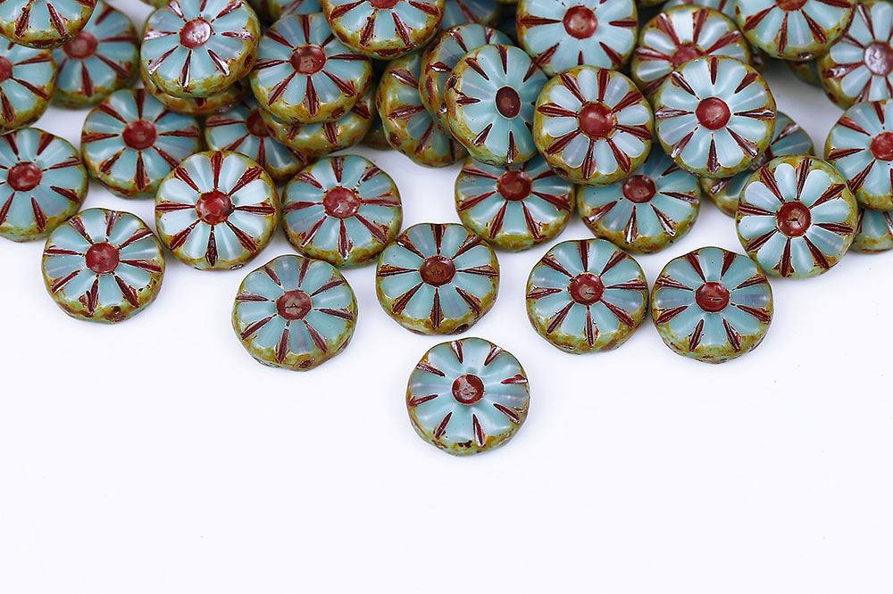 Sunflower 12mm Silk Aqua Travertine With Red 1-Hole Czech Beads