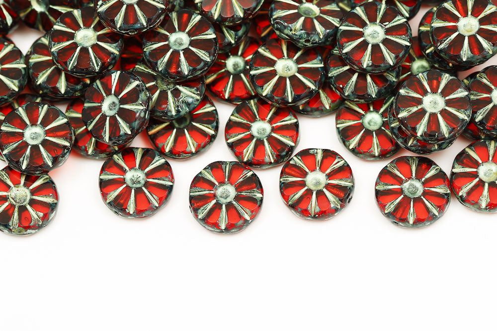 Sunflower 12mm Lt.Siam Travertine With Green 1-Hole Czech Beads
