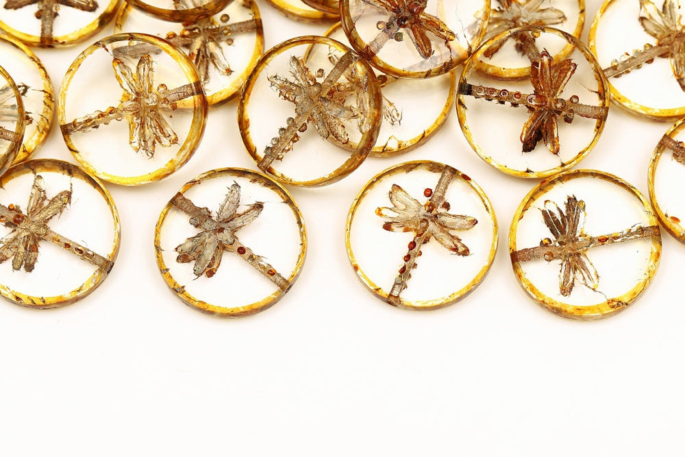 Dragonfly Coin 17mm Crystal Travertine With Gold 1-Hole Czech Beads