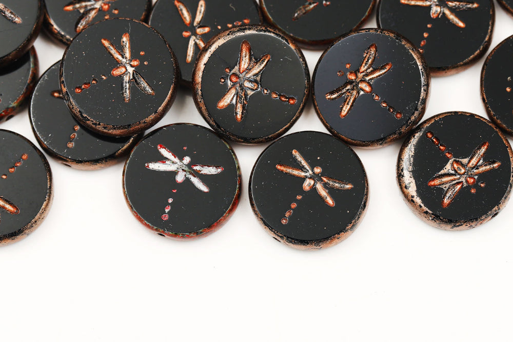 Dragonfly Coin 17mm Jet Copper Speckle 1-Hole Czech Beads