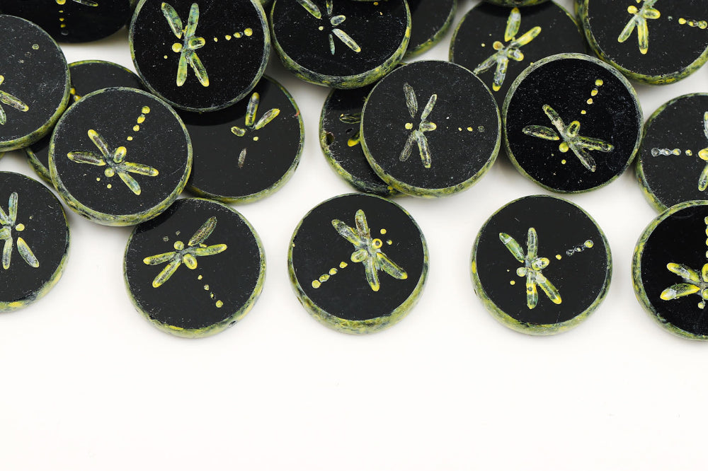 Dragonfly Coin 17mm Jet Travertin Yellow 1-Hole Czech Beads