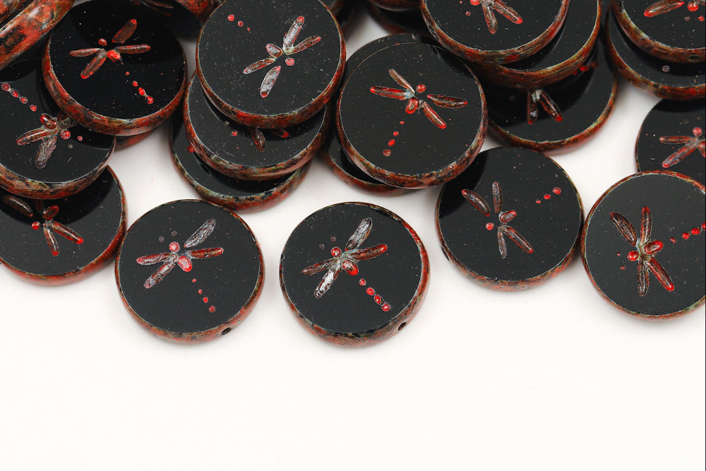 Dragonfly Coin 17mm Jet Travertin Red 1-Hole Czech Beads