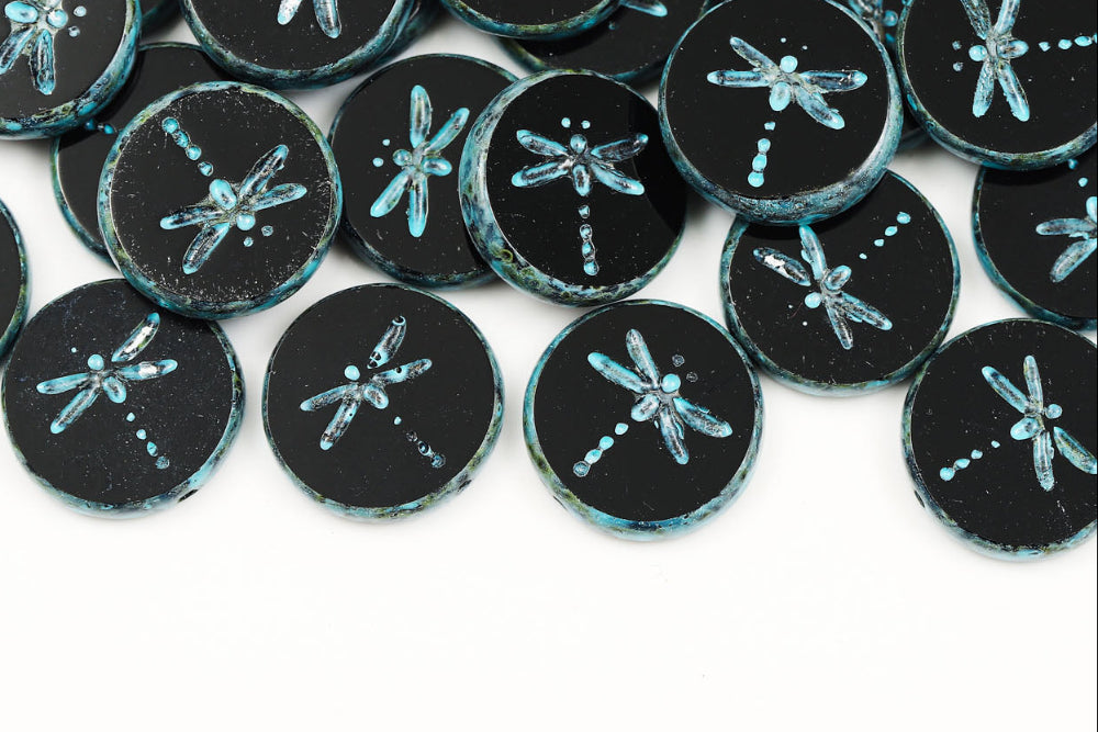 Dragonfly Coin 17mm Jet Travertin Blue 1-Hole Czech Beads