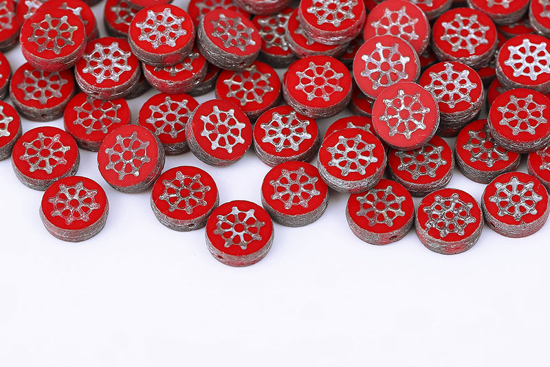 Wheel Coin 12mm Opaque Coral Red Labrador 1-Hole Czech Beads