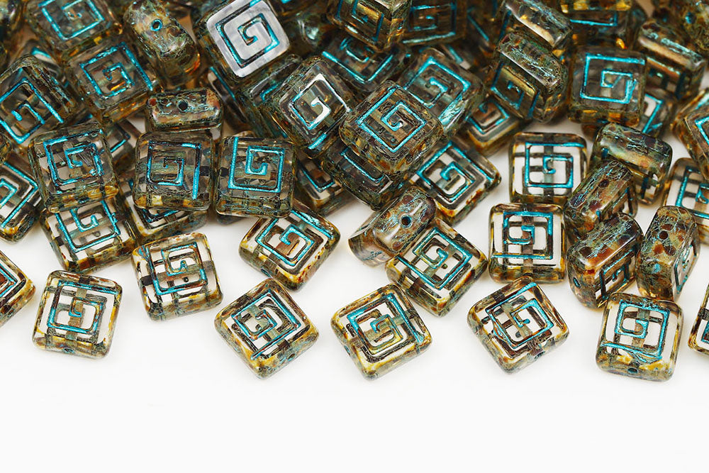 Squared Designed 9×9mm Crystal Travertin With Blue 1-Hole Czech Beads