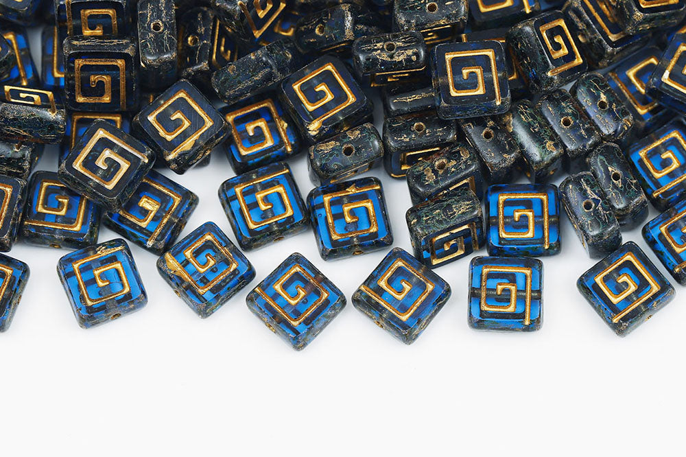 Squared Designed 9×9mm Sapphire Travertin With Gold 1-Hole Czech Beads