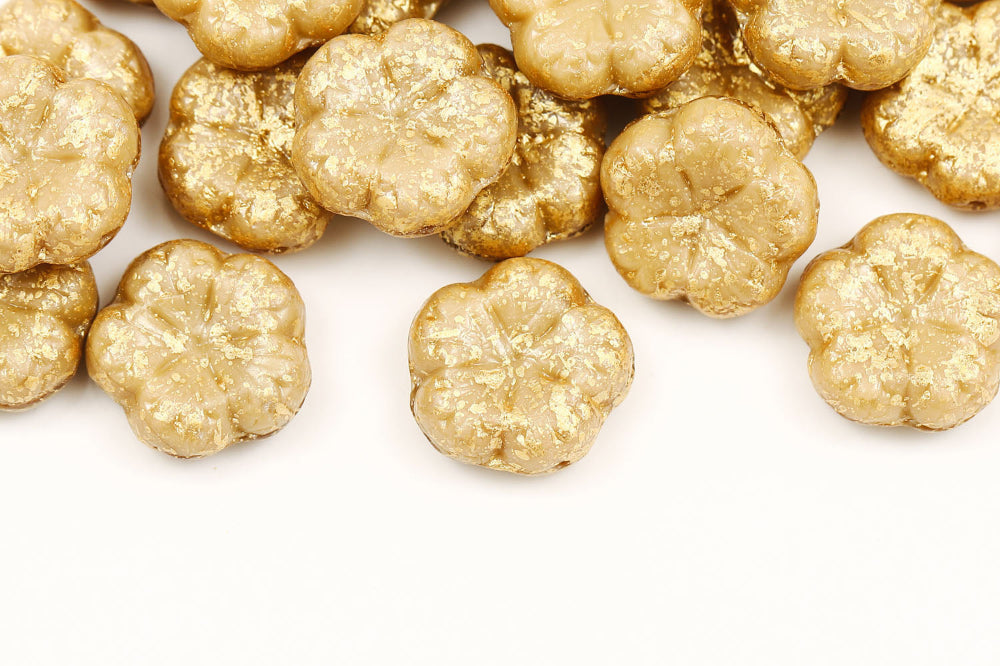 Bombax Flowers 17mm Opaque Yellow Gold Splash 1-Hole Czech Beads