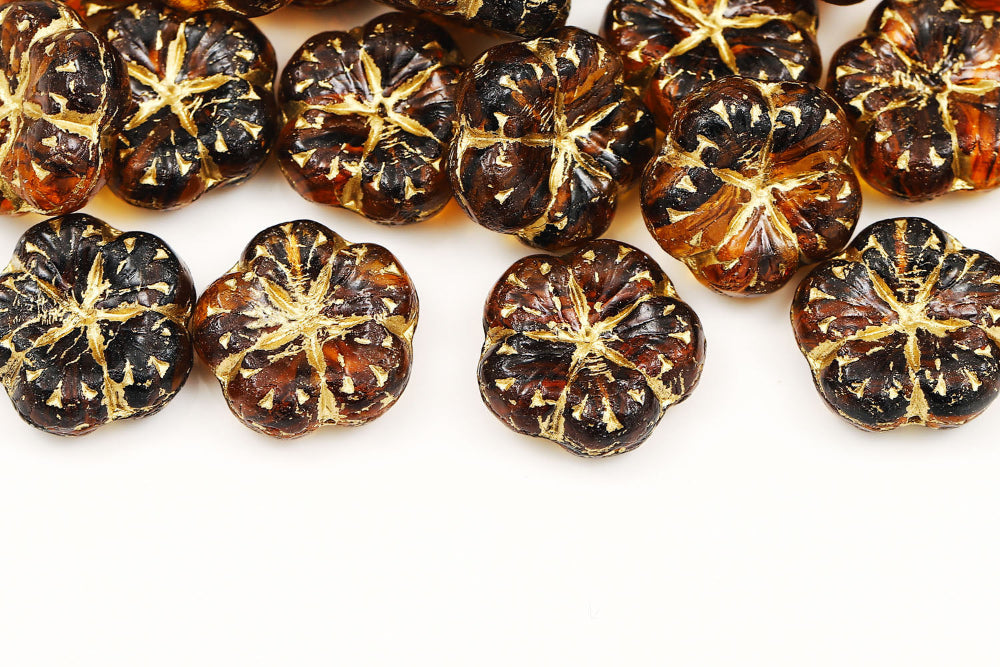 Bombax Flowers 17mm Topaz Sandwich With Gold 1-Hole Czech Beads