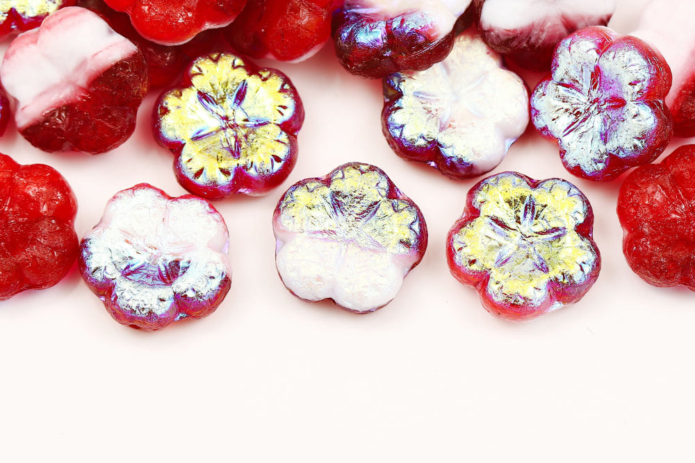 Bombax Flowers 17mm Crystal Red Mixed AB Etched 1-Hole Czech Beads