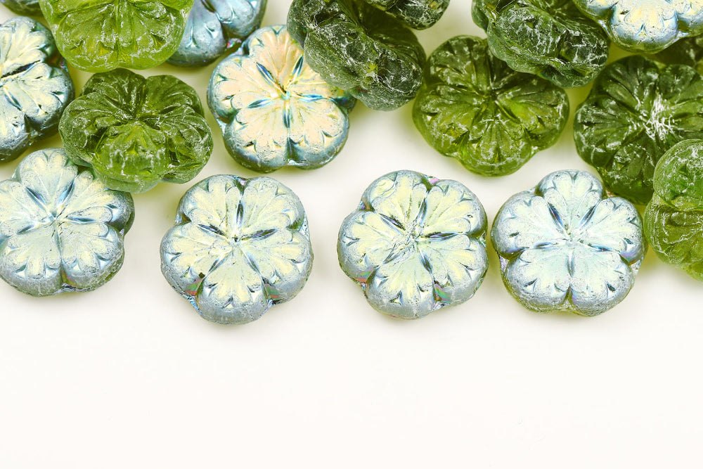 Bombax Flowers 17mm Olivine AB Etched 1-Hole Czech Beads