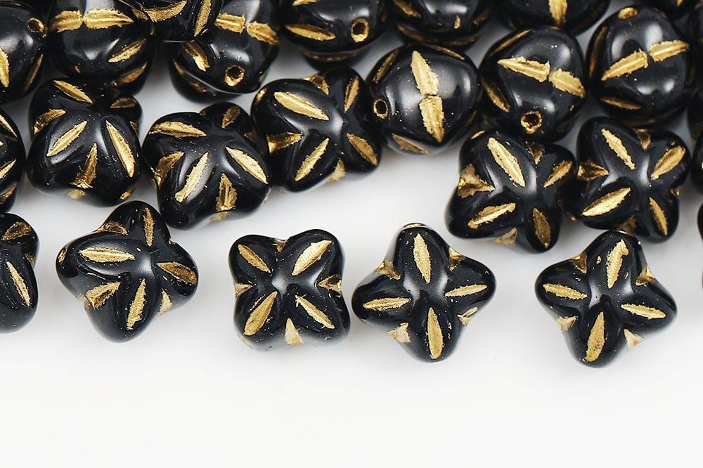Cloves 8mm Black With Gold 1-Hole Czech Beads