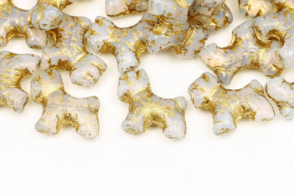 Schnauzer 19×17mm Opal White With Gold 1-Hole Czech Beads