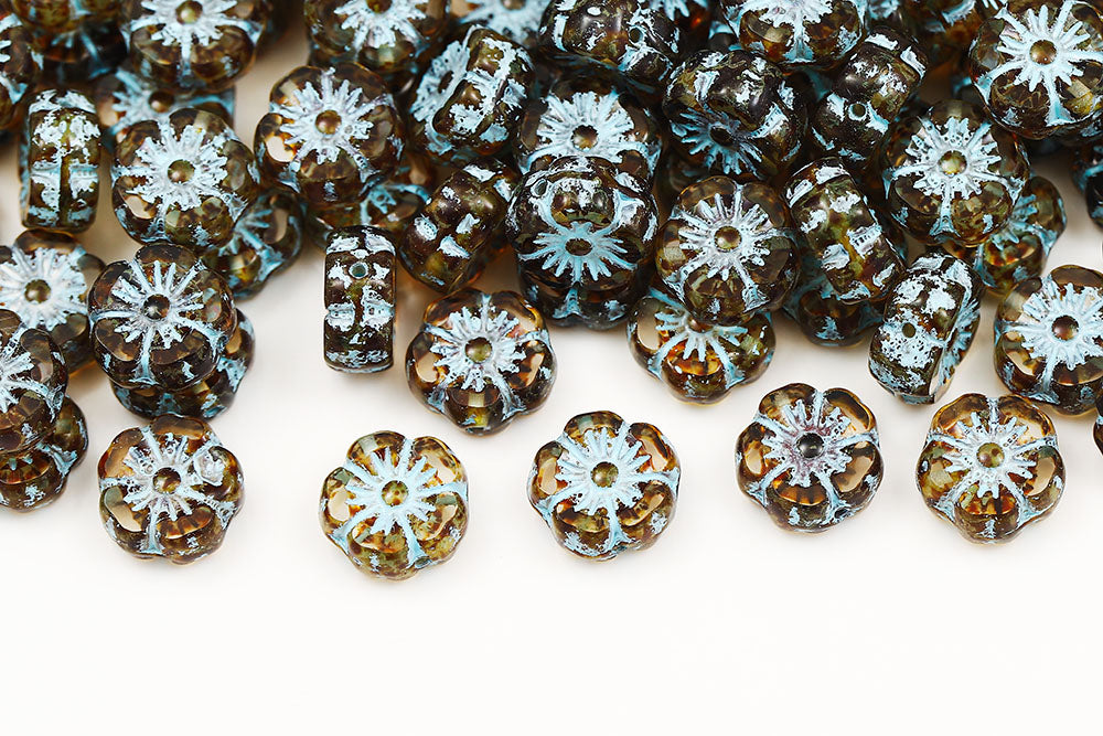 Hawaiian Flowers 8mm Crystal Travertine With Blue 1-Hole Czech Beads