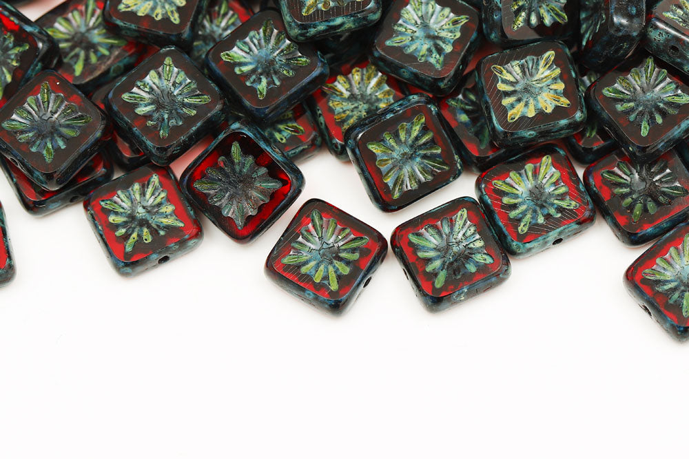 Squared Kiwi 10×10mm Siam Travertine 1-Hole Czech Beads
