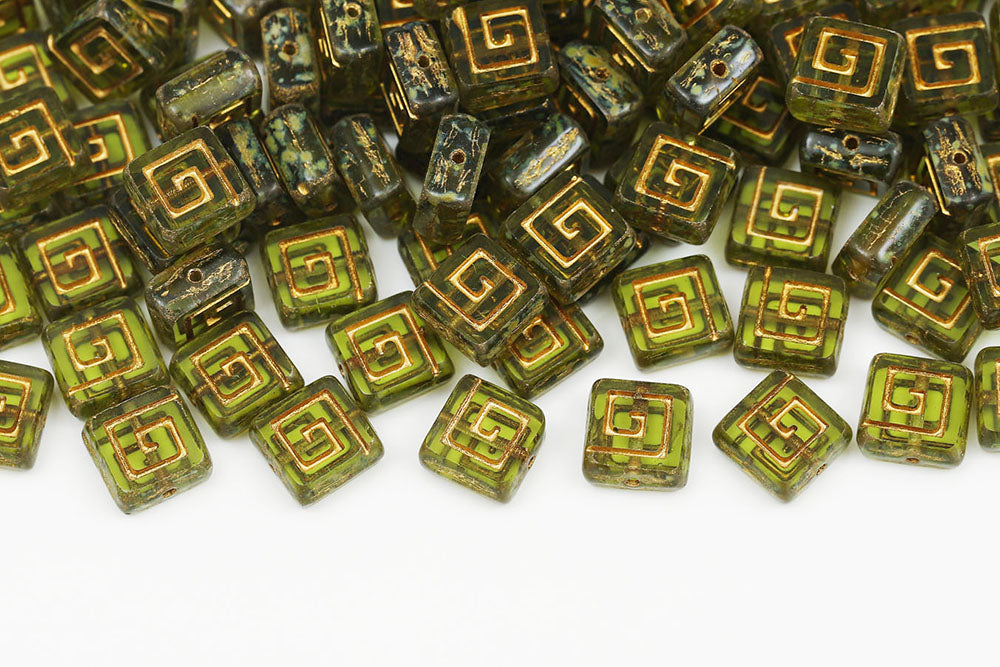Squared Designed 9×9mm Olivine Travertin With Gold 1-Hole Czech Beads