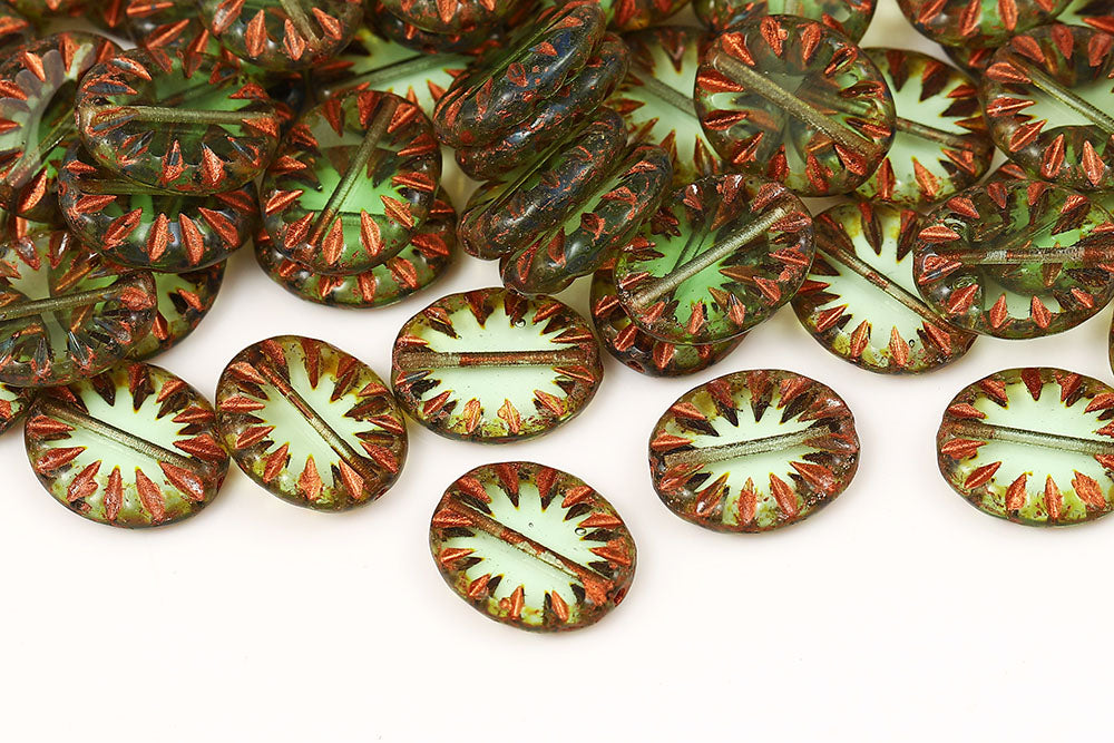 Rays Oval 14×12mm Grass Green Travertin With Copper 1-Hole Czech Beads