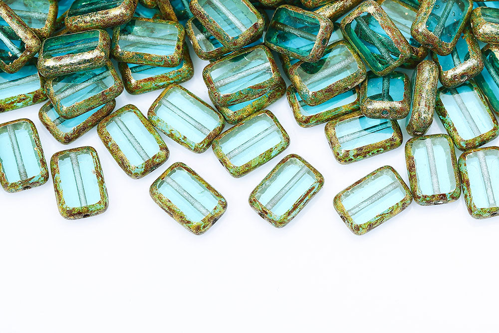 Rectangle 12×8mm Aqua Travertine Gold Finish 1-Hole Czech Beads
