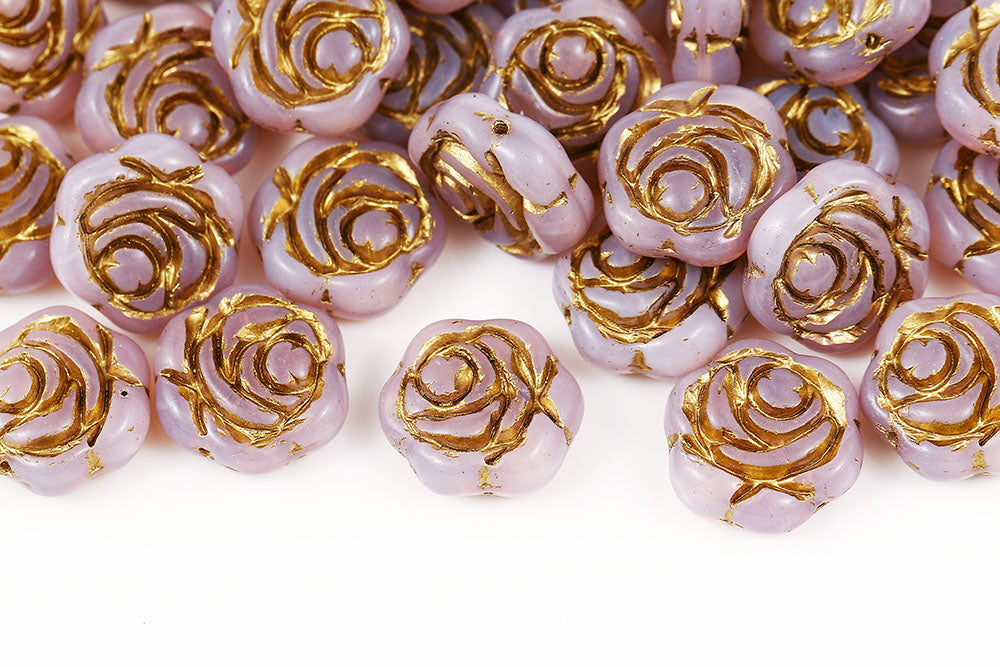 Rose 18mm Opal Pink With Gold 1-Hole Czech Beads
