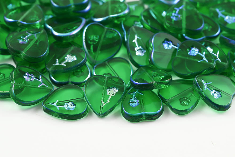 Rose Heart 17×16mm Crystal Green AB Full 1-Hole Czech Beads