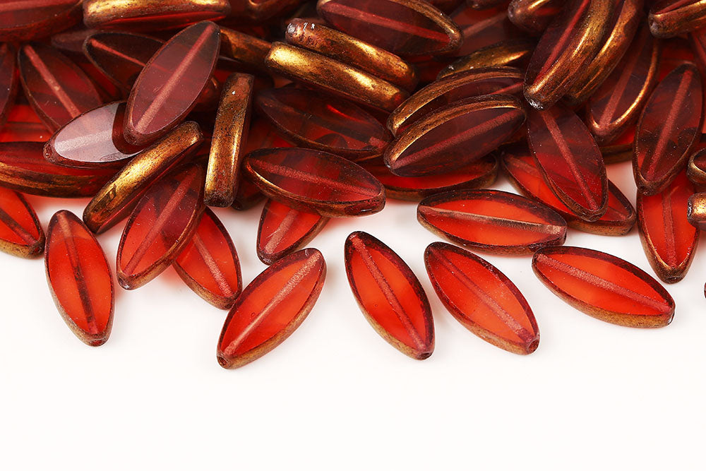 Ship 18×7mm Bordeaux Red Gold Bronze 1-Hole Czech Beads