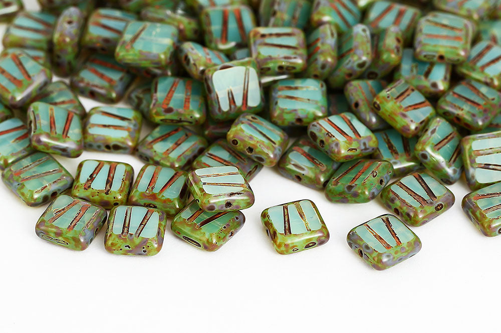 Squared Designed 10×10mm Opal Green Travertin 1-Hole Czech Beads