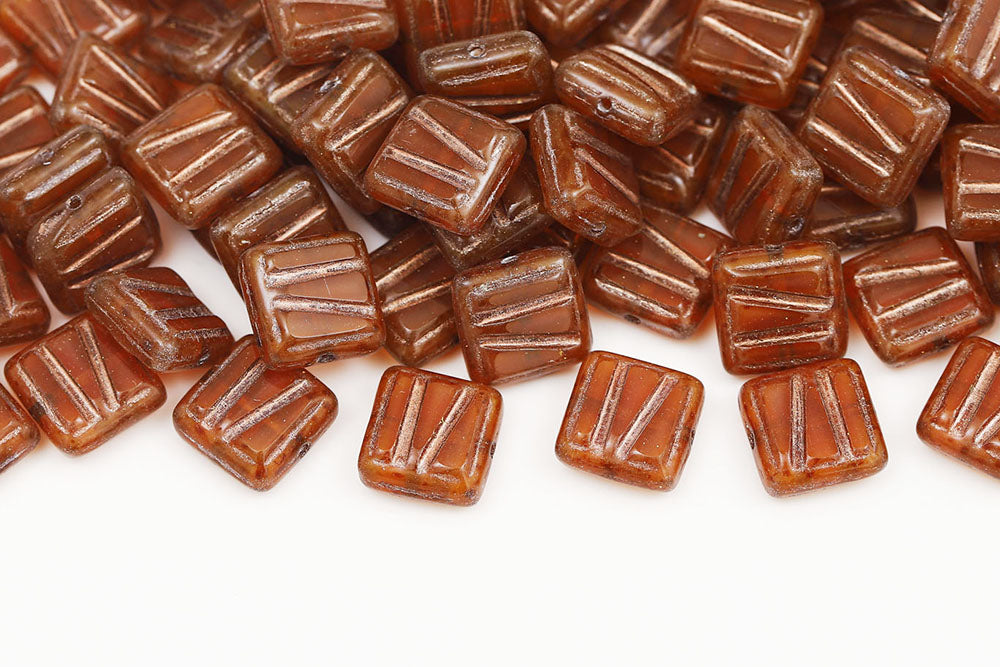 Squared Designed 10×10mm Opal Peach Copper Finish 1-Hole Czech Beads