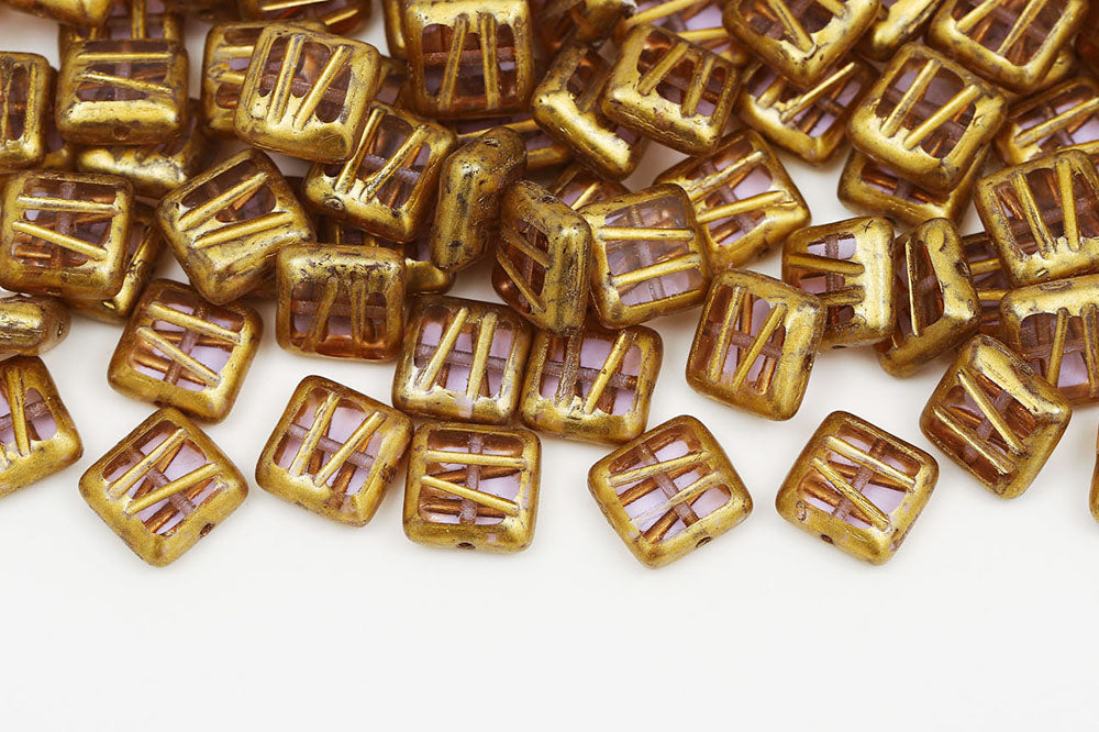 Squared Designed 10×10mm Violet Gold Finish 1-Hole Czech Beads
