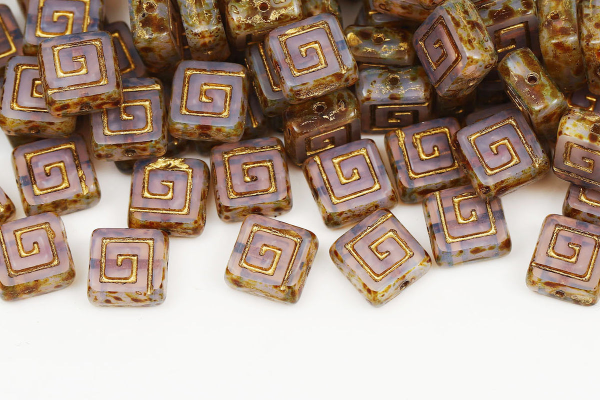 Squared Designed 9×9mm Olivine Travertin With Gold 1-Hole Czech Beads