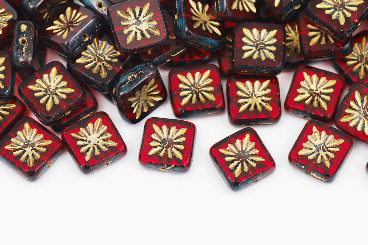 Squared Kiwi 10×10mm Siam Travertin With Gold 1-Hole Czech Glass Beads