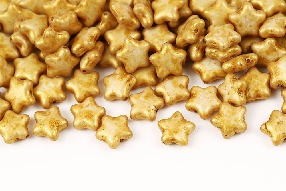 Star 6mm Chalk Amber Marble Finish Czech Beads