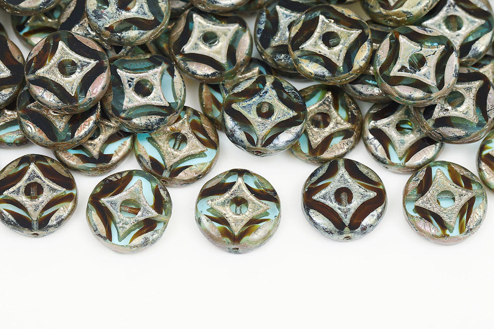 Star Coins 15mm Blue black stripes Picasso 1-Hole Czech Beads