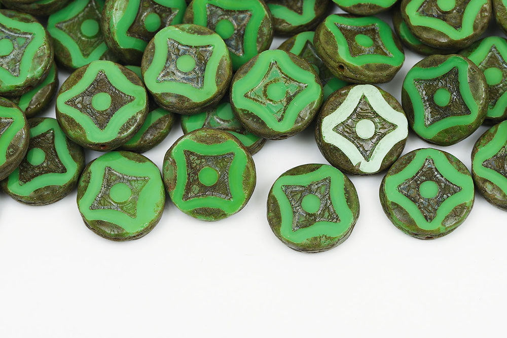 Star Coins 15mm Opaque Green Travertin 1-Hole Czech Beads