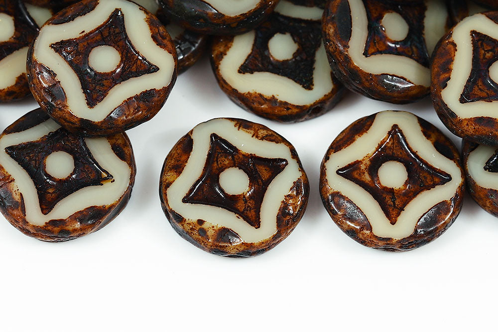 Star Coins 15mm Opaque Ivory Travertin 1-Hole Czech Beads