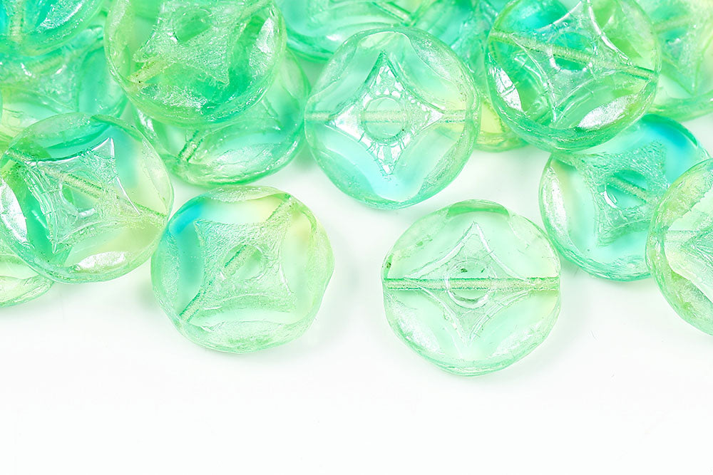 Star Coins 15mm Yellow Green Mixed Luster 1-Hole Czech Beads