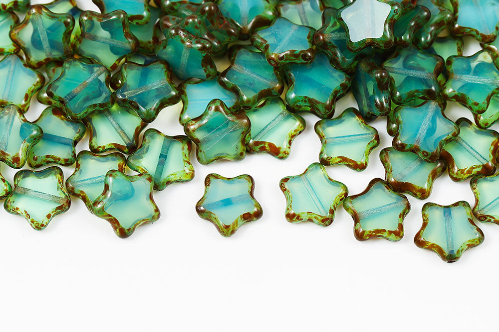 Stars 12mm Opal Green Travertin 1-Hole Czech Beads