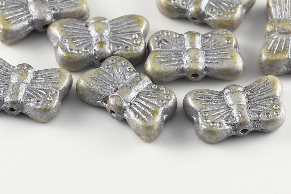Butterfly 18×11mm Alabaster Marble With Silver 1-Hole Czech Beads
