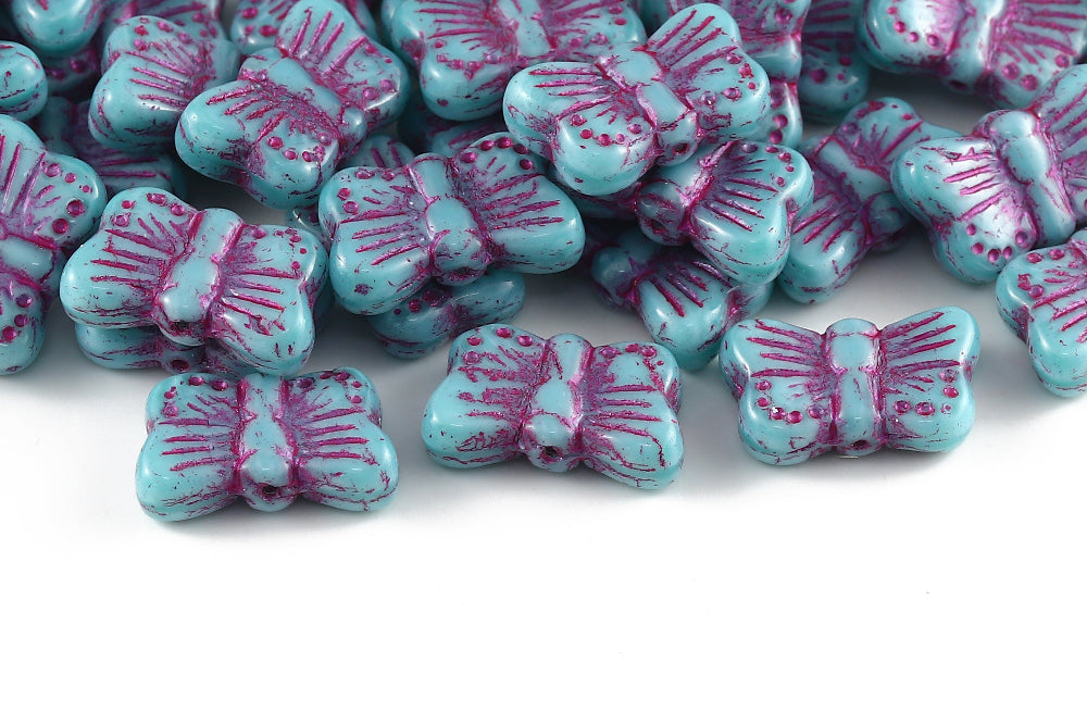Butterfly 18×11mm Opaque Green With Fuchsia 1-Hole Czech Beads