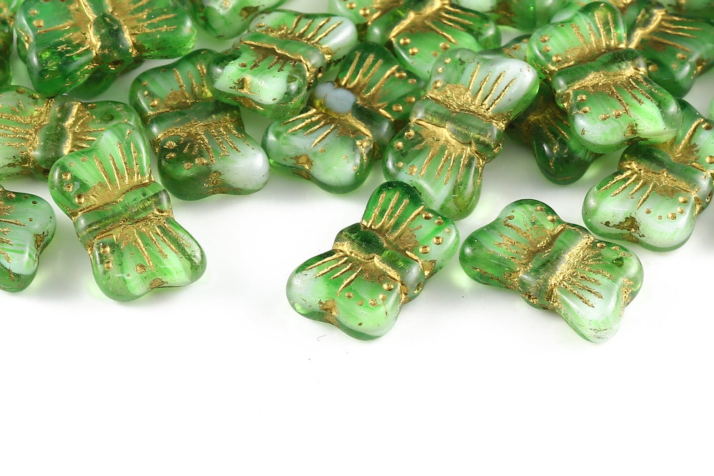 Butterfly 18×11mm White Green Mixed With Gold 1-Hole Czech Beads