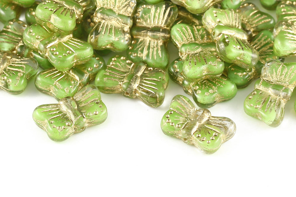 Butterfly 18×11mm Crystal Green Mixed With Gold 1-Hole Czech Beads