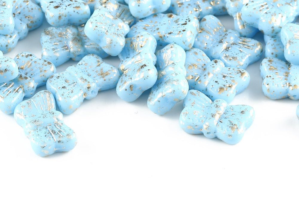 Butterfly 18×11mm Lt.Blue Gold Splash 1-Hole Czech Beads
