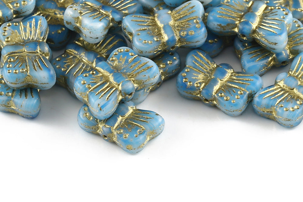 Butterfly 18×11mm White Blue Mixed With Gold Matt 1-Hole Czech Beads
